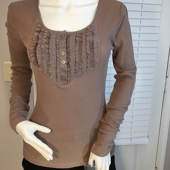 Covington Tops - Covington 100% Cotton Tan Knit Fringes Ruffle Front Button Blouse Size S Petites